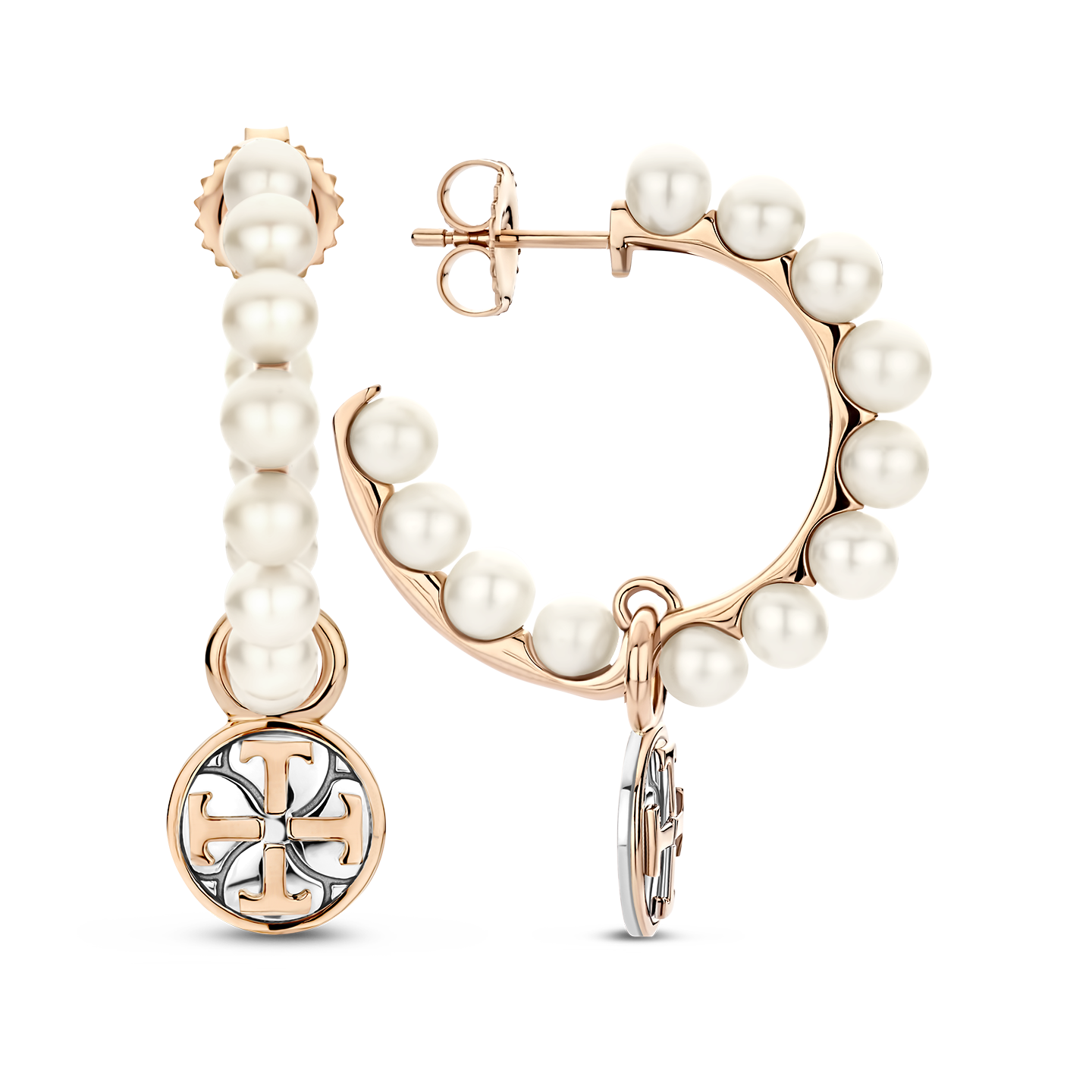 Side view of sterling silver earring showing rose gold accents and pearl arrangement along the curve.